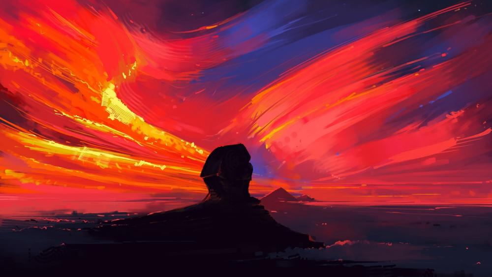 Mystic Horizon: Fiery Skies Above the Ocean's Edge wallpaper
