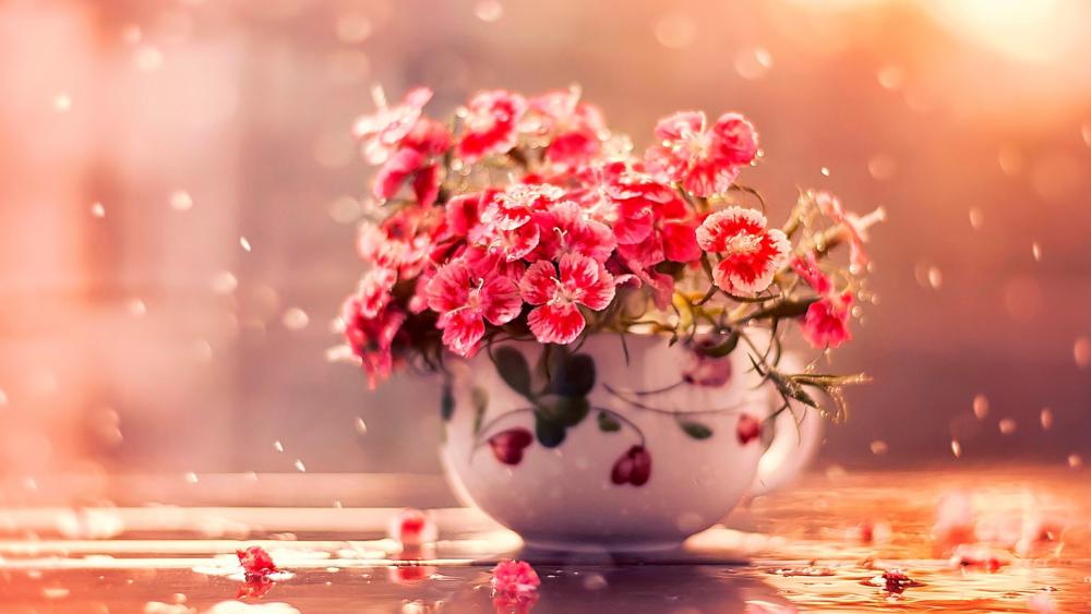 Tea Cup Blooms in Spring Rain wallpaper