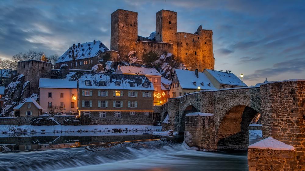 Cityscape Winter Charm at Dusk wallpaper