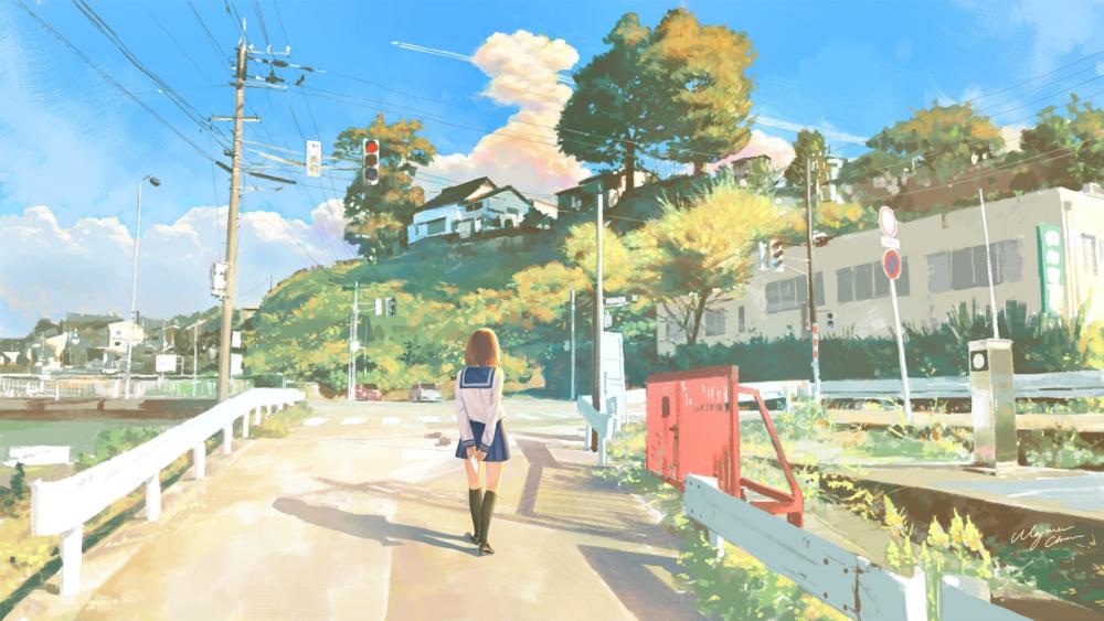 Stroll to School in Serene Sunshine wallpaper