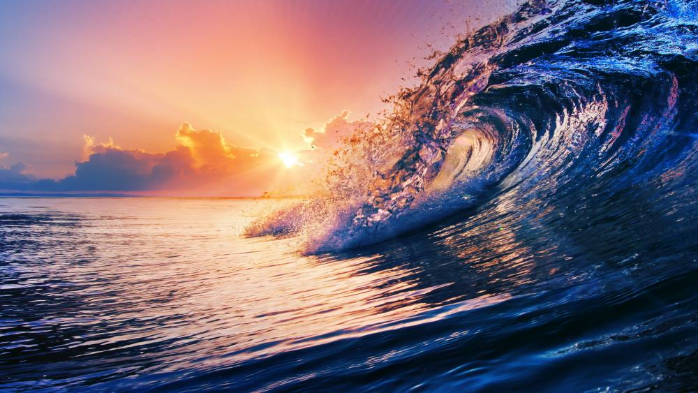 Ocean wave on sunset wallpaper