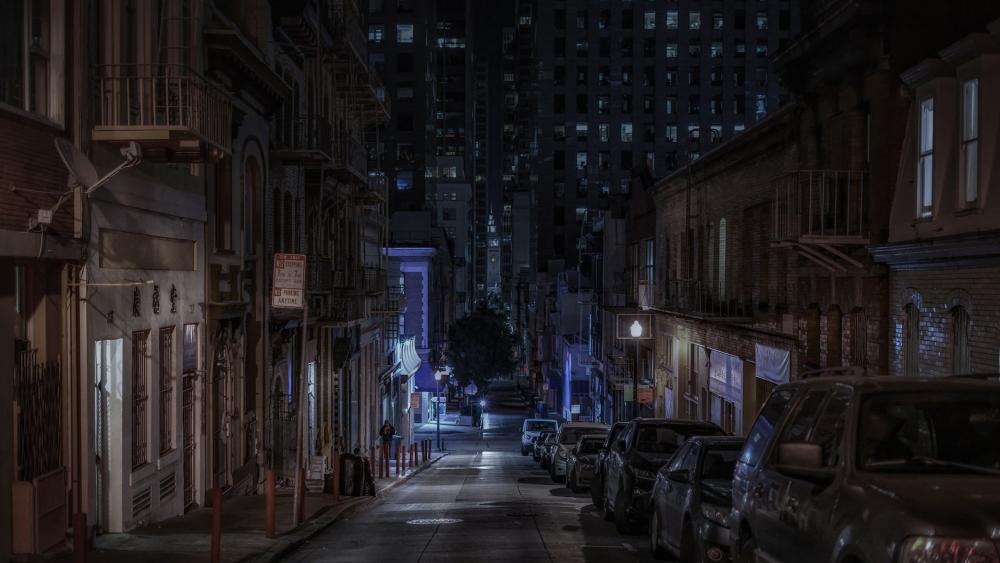 Urban Nightscape of a Quiet City Street at Dusk wallpaper