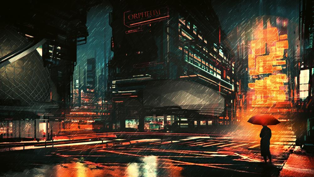 Rainy night in the city fantasy art wallpaper