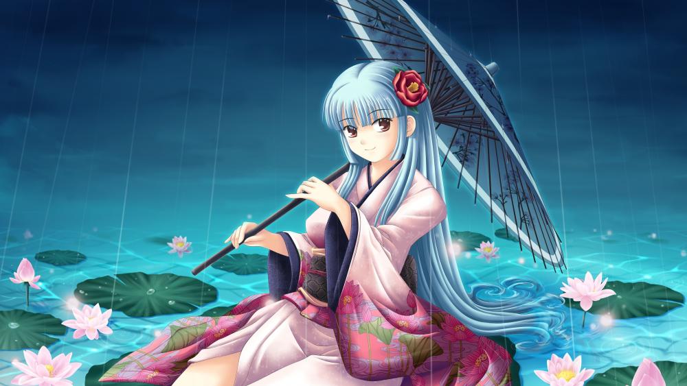 Mystical Rainy Evening with Yokai Anime Girl wallpaper