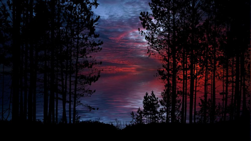 Twilight Silhouettes by the Serene Lake wallpaper