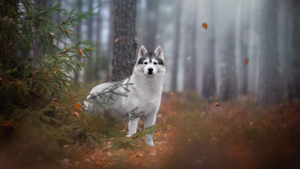 Majestic Husky in Misty Forest wallpaper