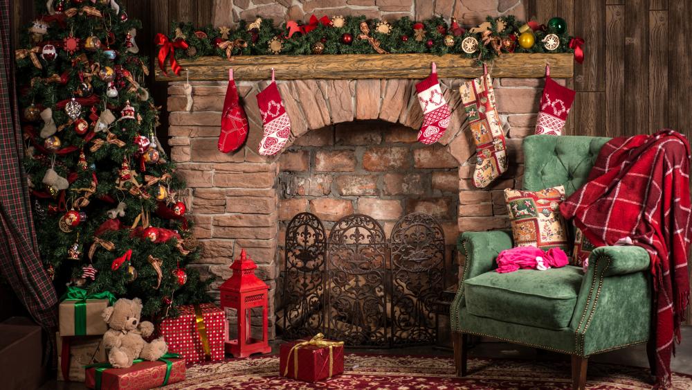 Cozy Christmas Hearth and Festive Decorations wallpaper