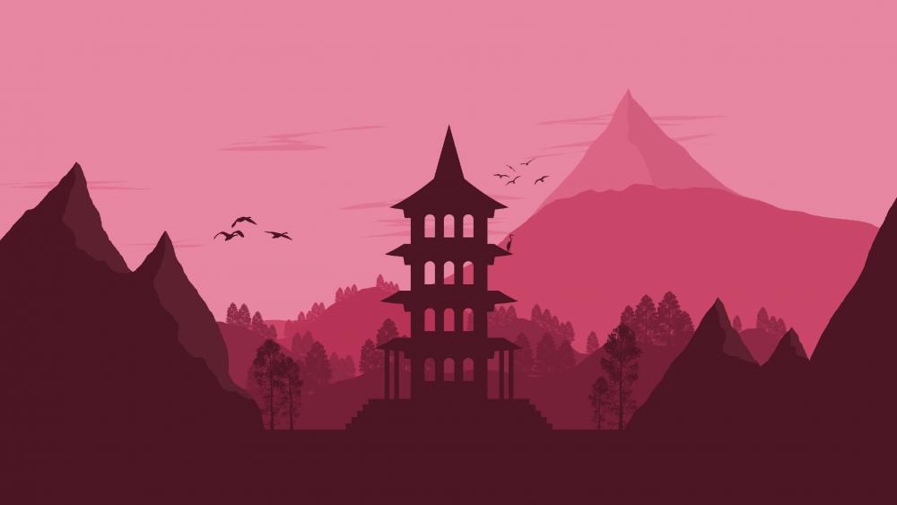 Tranquil Sunset Pagoda Silhouette wallpaper