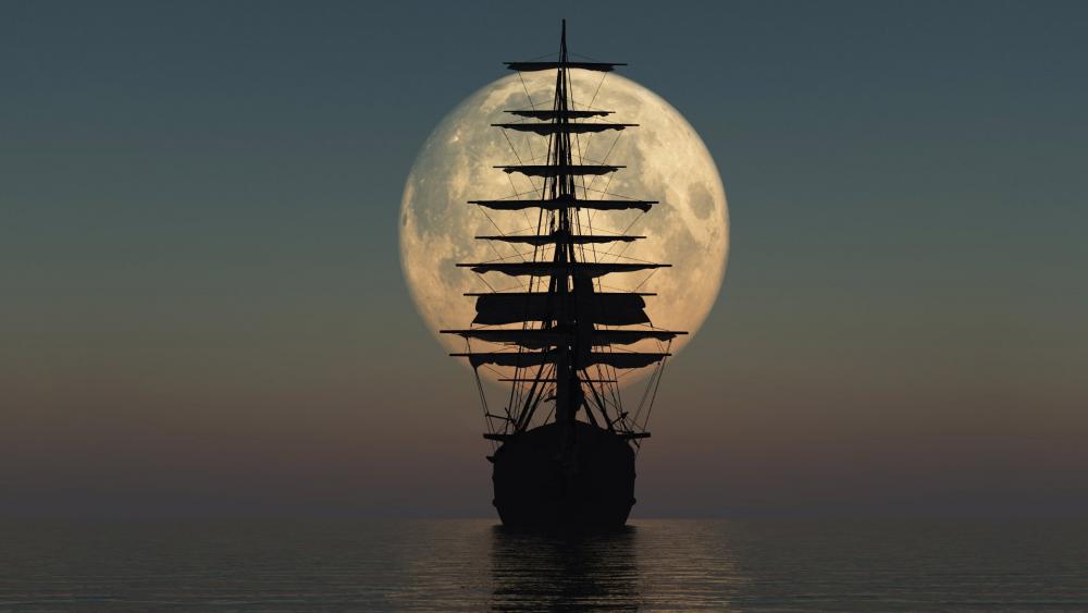 Majestic Ship Sailing Under the Moonlit Sky wallpaper