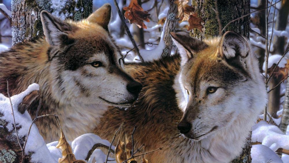 Majestic Wolves in Winter Forest wallpaper