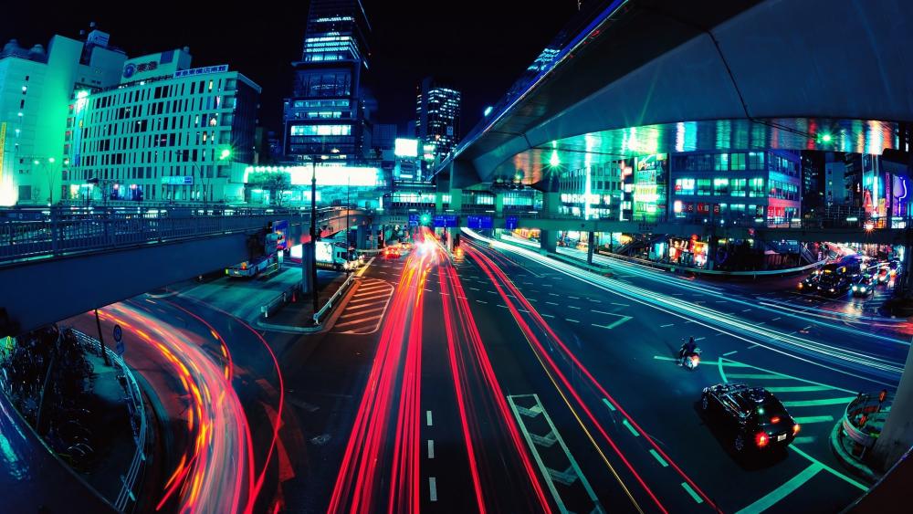 Long-Exposure Photograph at an Intersection in Tokyo, Japan wallpaper