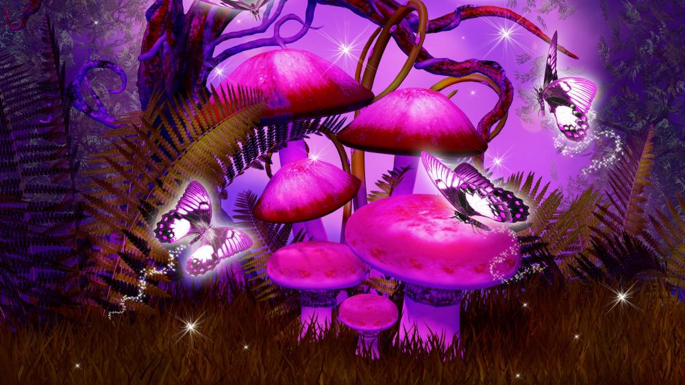 Pink illuminating mushrooms and butterflies wallpaper