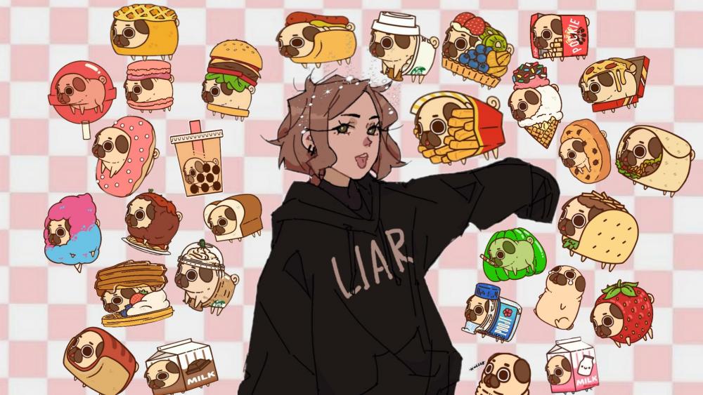 Anime Girl Surrounded by Quirky Food Characters wallpaper