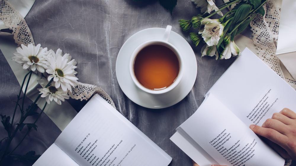 Serene Reading Break with Tea and Flowers wallpaper