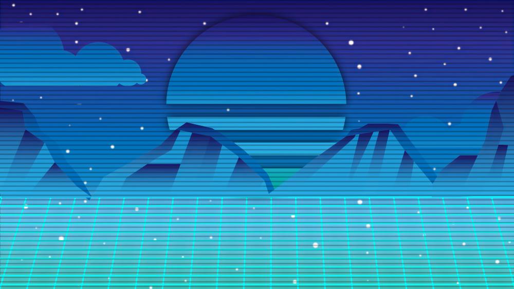 Blue retrowave mountain digital landscape wallpaper