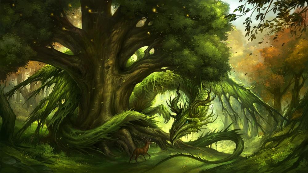 Mystical Green Dragon in Enchanted Forest wallpaper