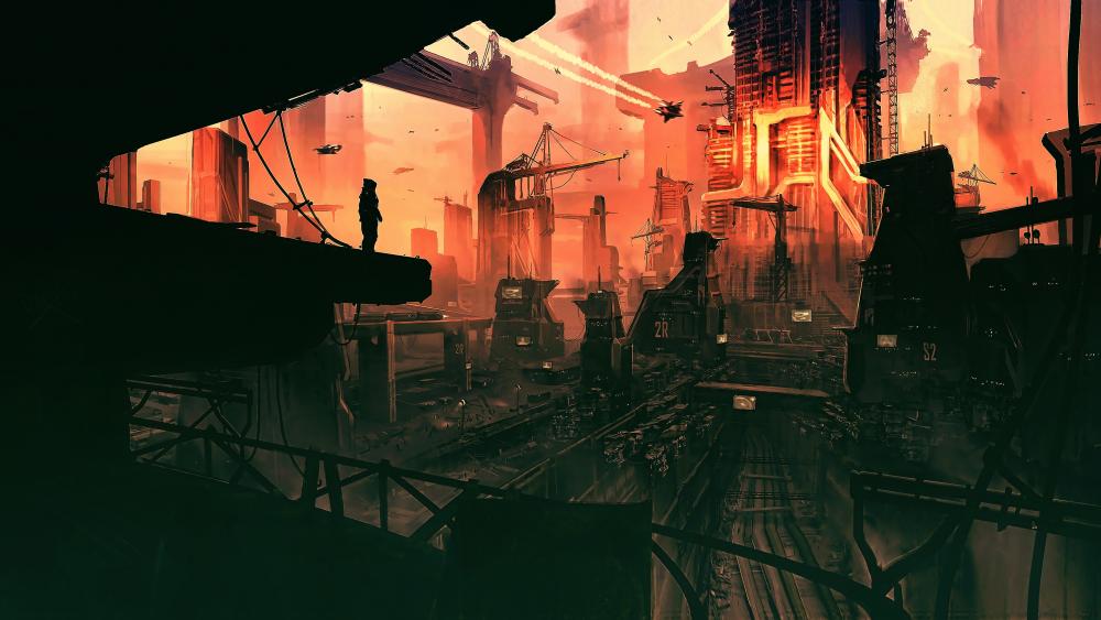 Sunset Over Futuristic Metropolis wallpaper