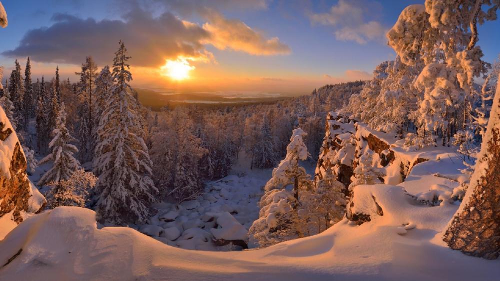 Serene Winter Landscape at Sunrise wallpaper