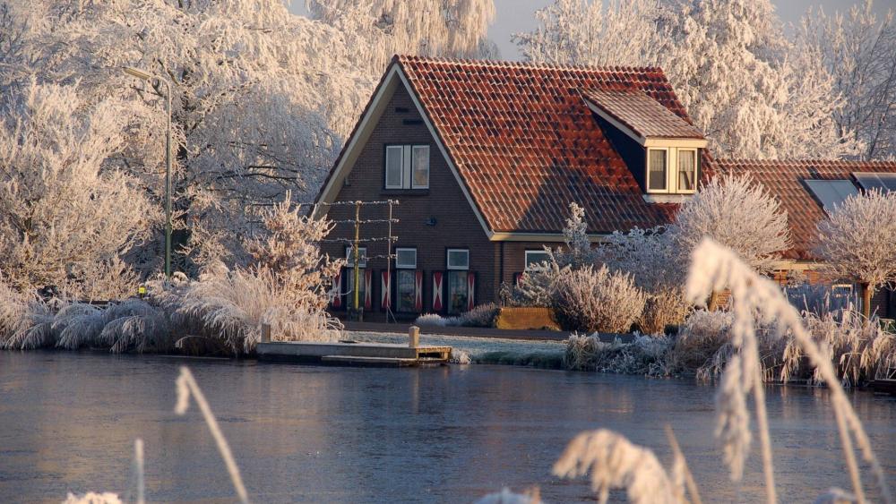 Winter Cottage Haven Amidst Frosty Splendor wallpaper