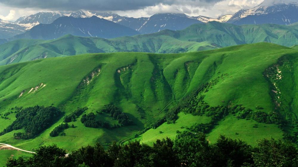 Lush Green Hills under a Dramatic Sky wallpaper