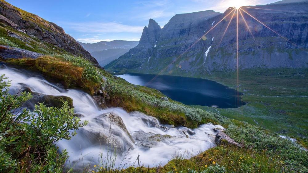 Majestic Mountain Stream at Sunrise wallpaper
