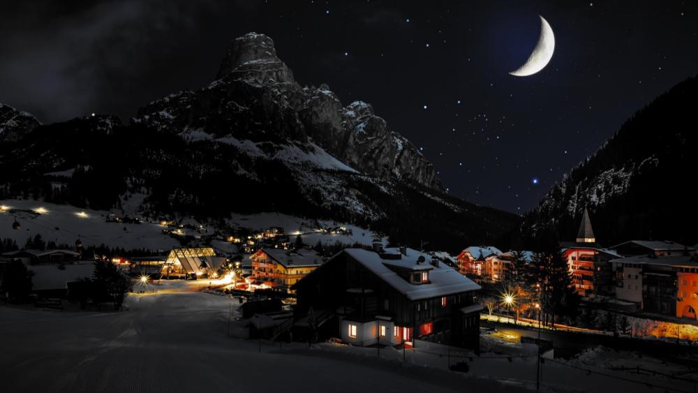 Winter Moonlight Over Sleepy Mountain Town wallpaper