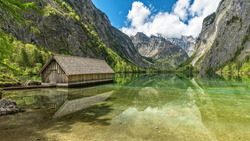 Boathouse at the Berchtesgaden National Park Obersee Lake (upper lake) wallpaper