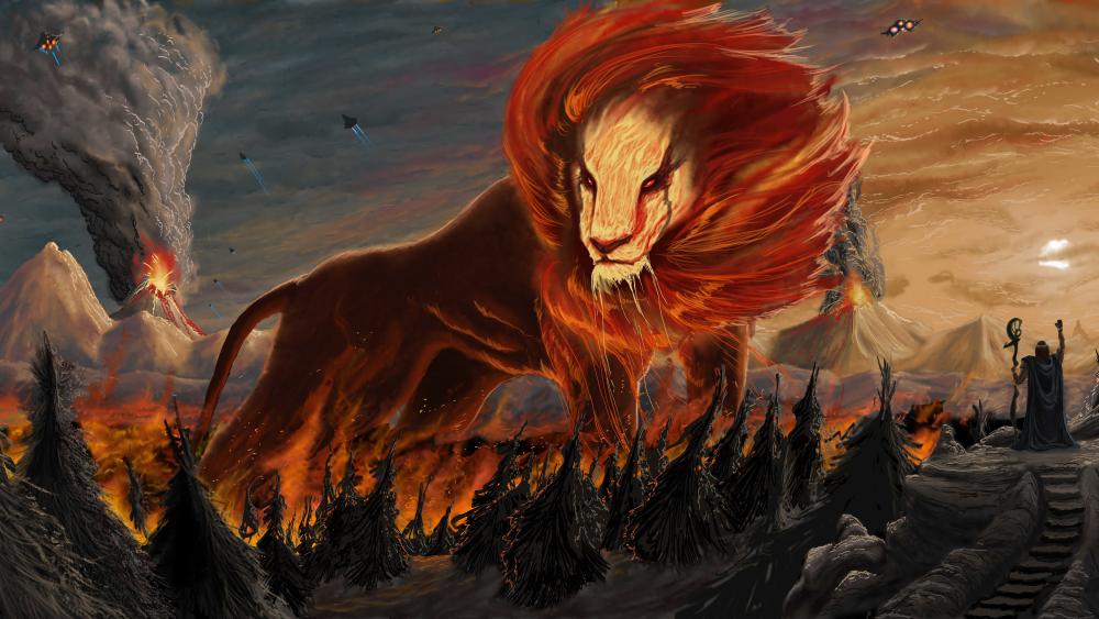 Majestic Fire Lion Dominating a Fantasy Landscape wallpaper