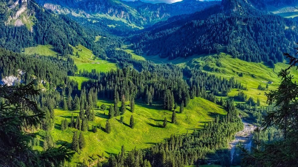 Serene Mountain Landscape with Lush Greenery and Shadows wallpaper