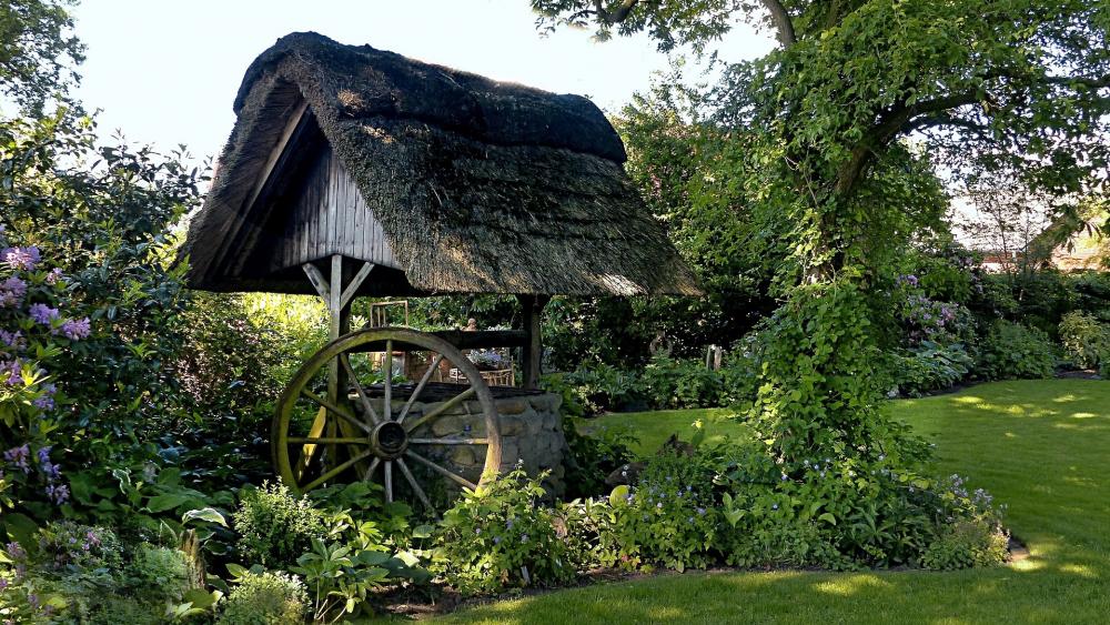 Tranquil Garden Retreat with Rustic Charm wallpaper
