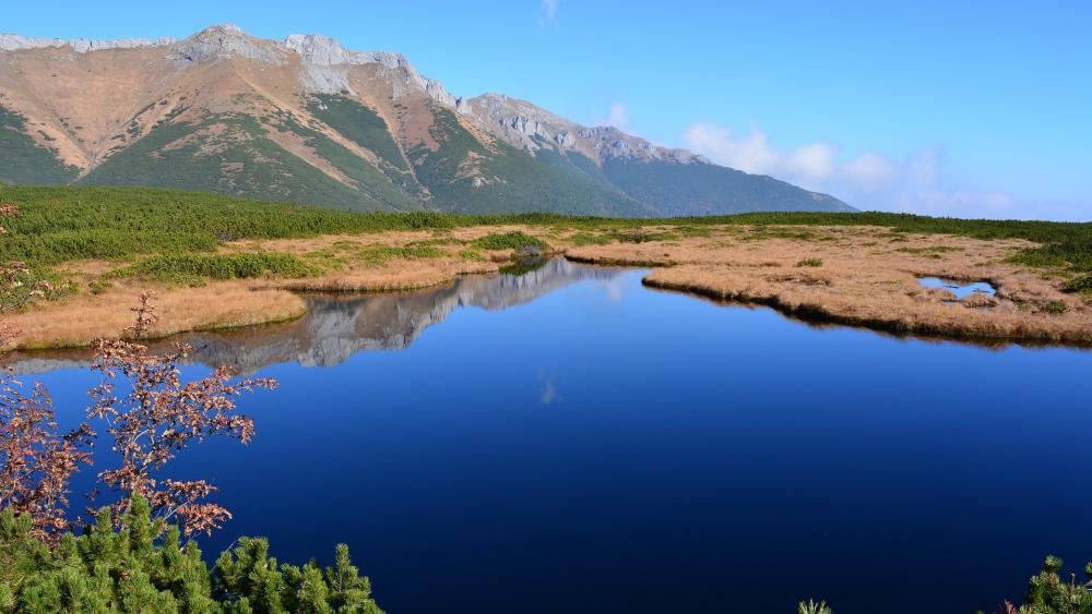 Serene Mountain Reflection Over Calm Waters wallpaper
