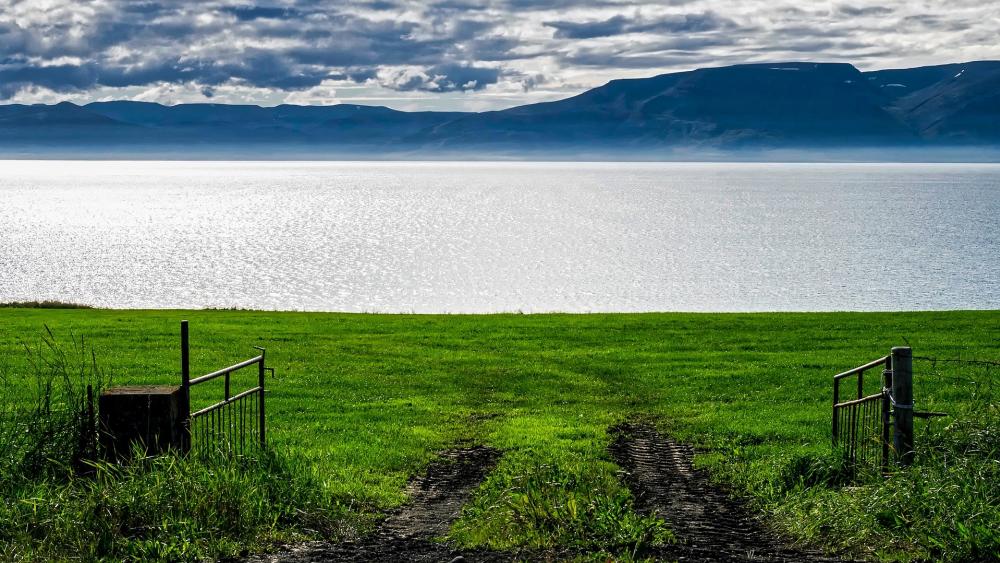 Tranquil Lakeside Landscape with Rolling Hills and Cloudy Sky wallpaper