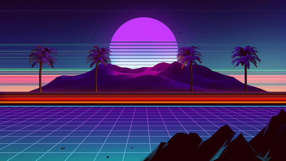 Neon Sunset Oasis in Retrowave Style wallpaper