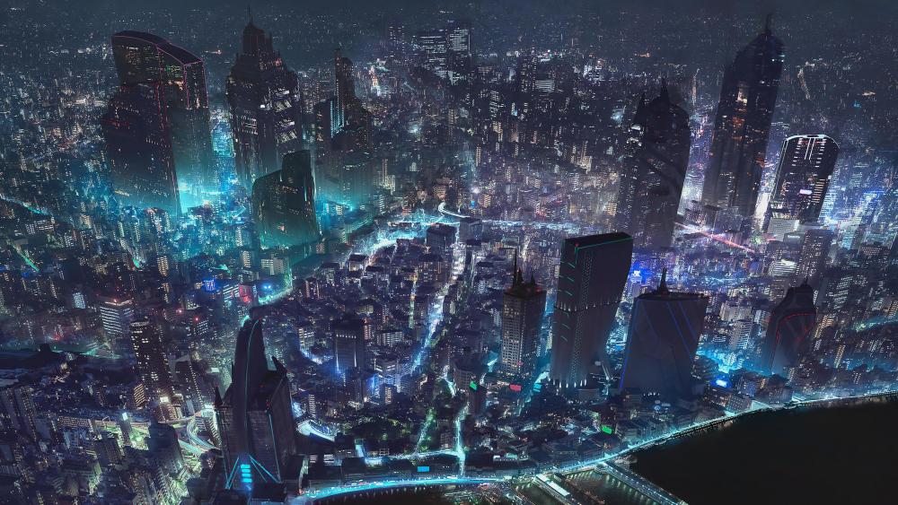Futuristic Metropolis Under Starlit Sky wallpaper