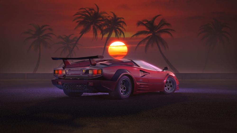 Lamborghini Countach retrowave sunset wallpaper