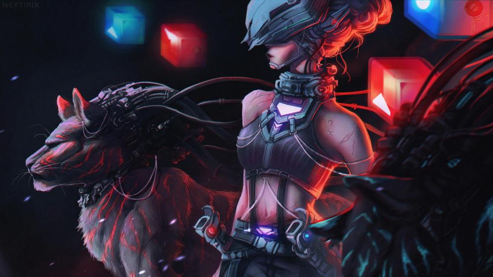 Cyberpunk Warrior and Cybernetic Tigers wallpaper