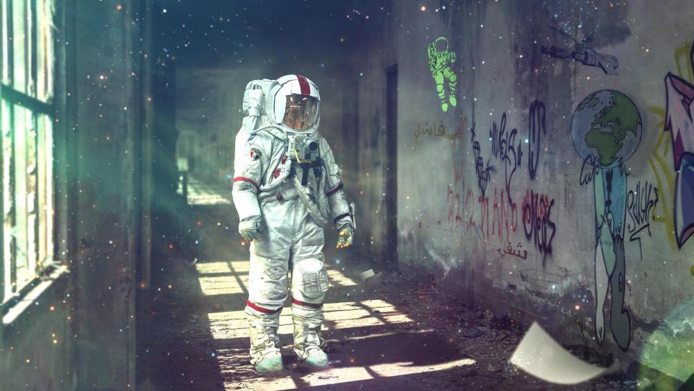 Astronaut's Graffiti-Lined Pathway Discovery wallpaper
