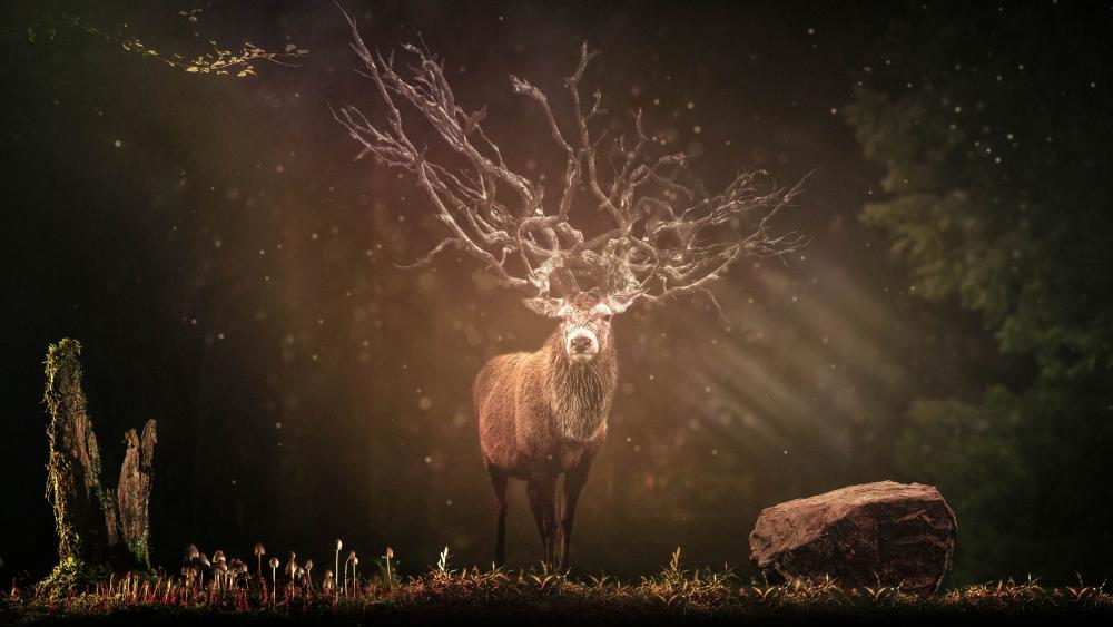 Enchanted Forest Deer Illuminated by Mystical Light wallpaper