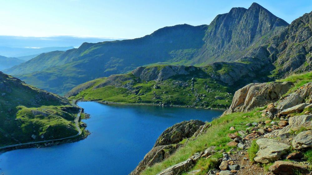 Majestic Mountain Landscape with Serene Lake View wallpaper