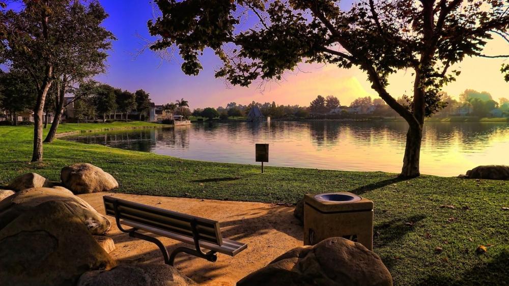 Serene Lakeside Escape with Vibrant Sunset Colors wallpaper