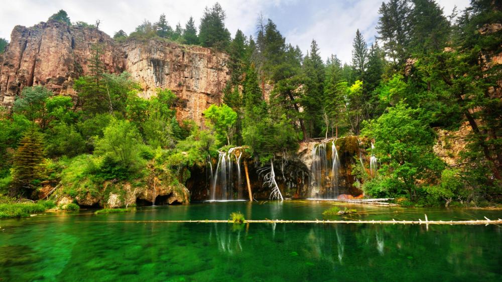 Serene Waterfall in a Lush Green Landscape wallpaper