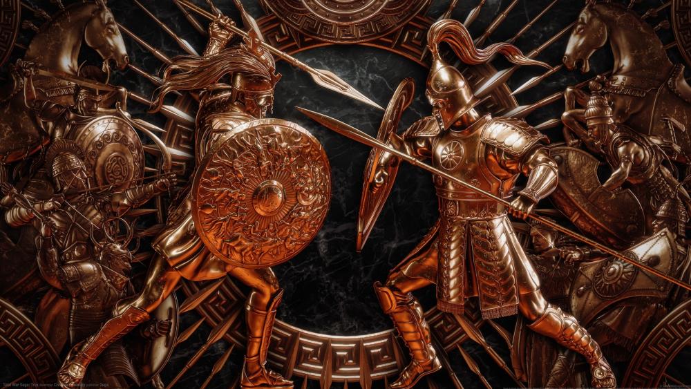 Epic Warriors Clash in Ancient Bronze Relief Art wallpaper