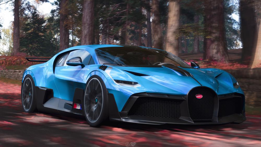Sleek Blue Sports Car in a Forest Setting wallpaper