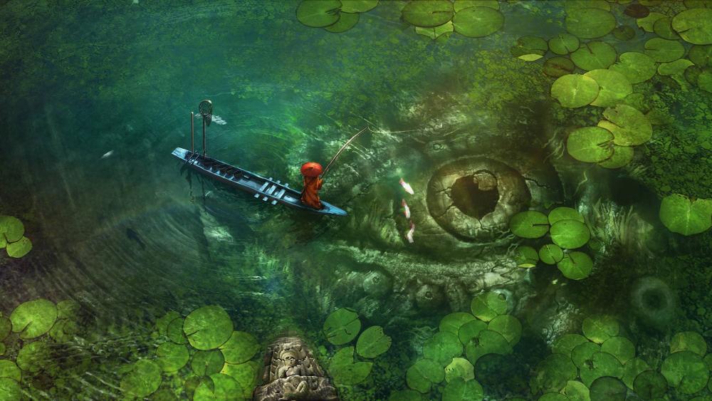 Mysterious Fishing on Emerald Lake wallpaper