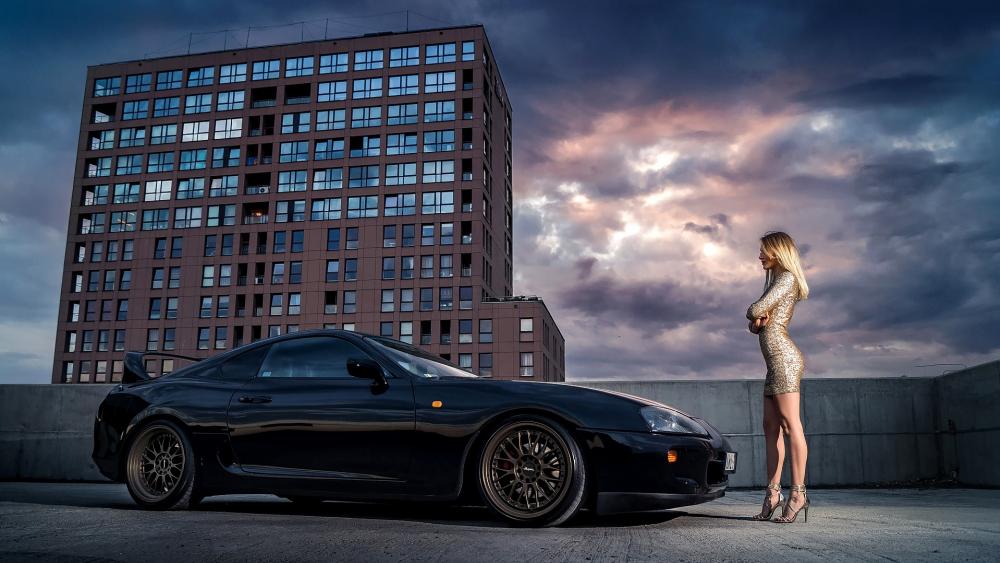 Sleek Night Vibes with a Classic Car and Model wallpaper
