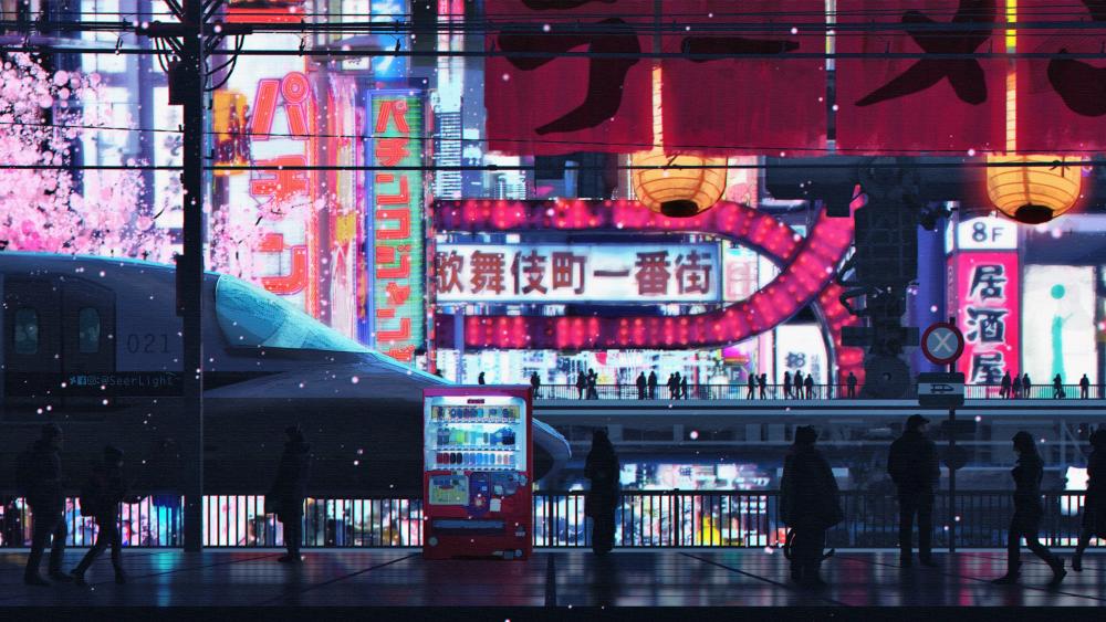 Cyberpunk Chinese city street wallpaper