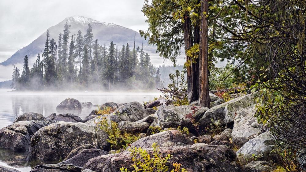 Tranquil Mountain Reflections in Misty Waters wallpaper