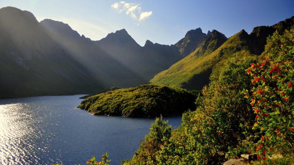 Serene Mountain Landscape by Tranquil Waters wallpaper