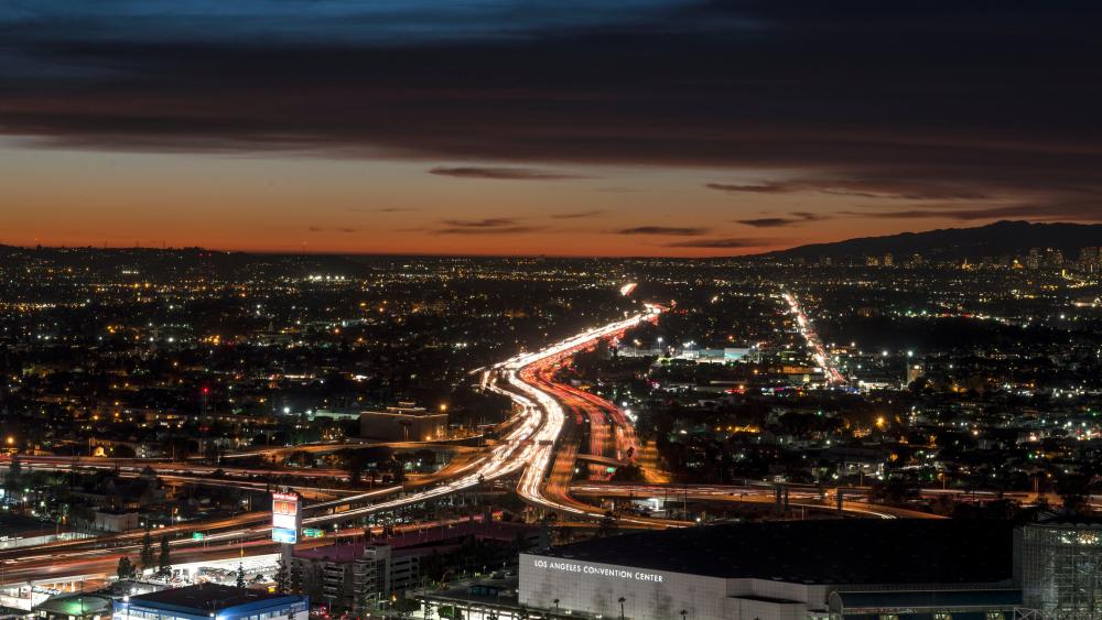 Dusk Skyline View of Los Angeles Looking West over the Interstate 10 (Santa Monica) Freeway wallpaper