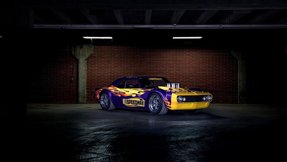 Vibrant Muscle Car in Dimly Lit Garage Space wallpaper